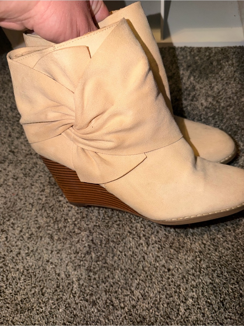 Wedge Ankle Boots with Knot Accent - Cream